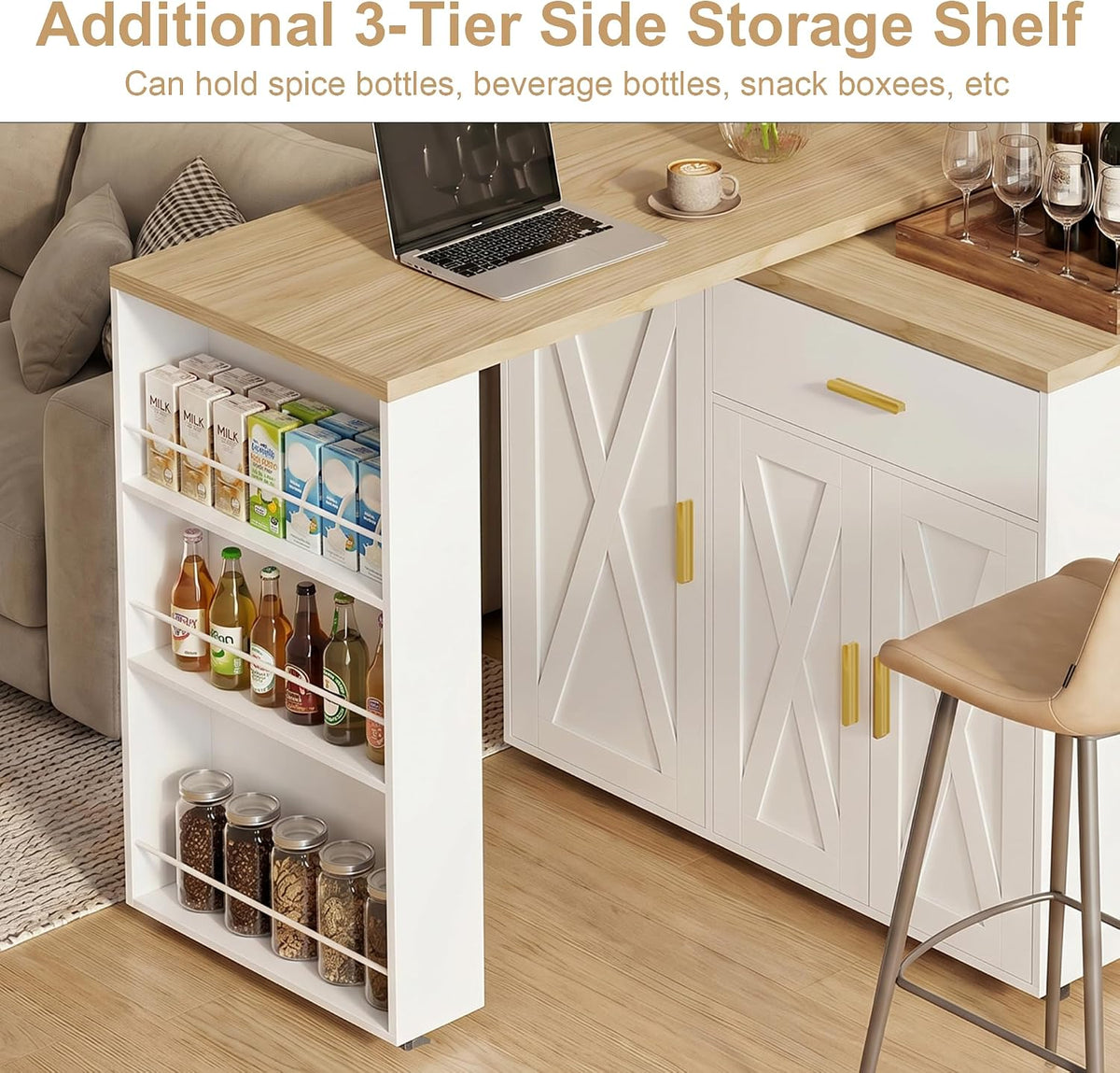 DreamDashio Kitchen Island with Storage, Rolling Kitchen Island with Swivel Table, Drawers & Shelves, Mobile Kitchen Island Cart with 360Â° Swivel Extendable Dining Table for Kitchen, Dining Room
