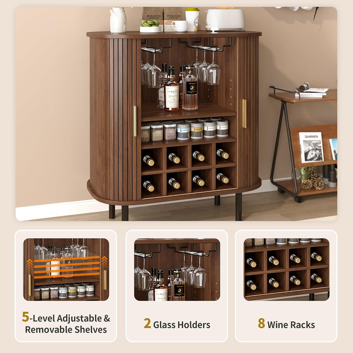 28" Fluted Wine Bar Cabinet with Storage, Modern Liquor Cabinets, Walnut