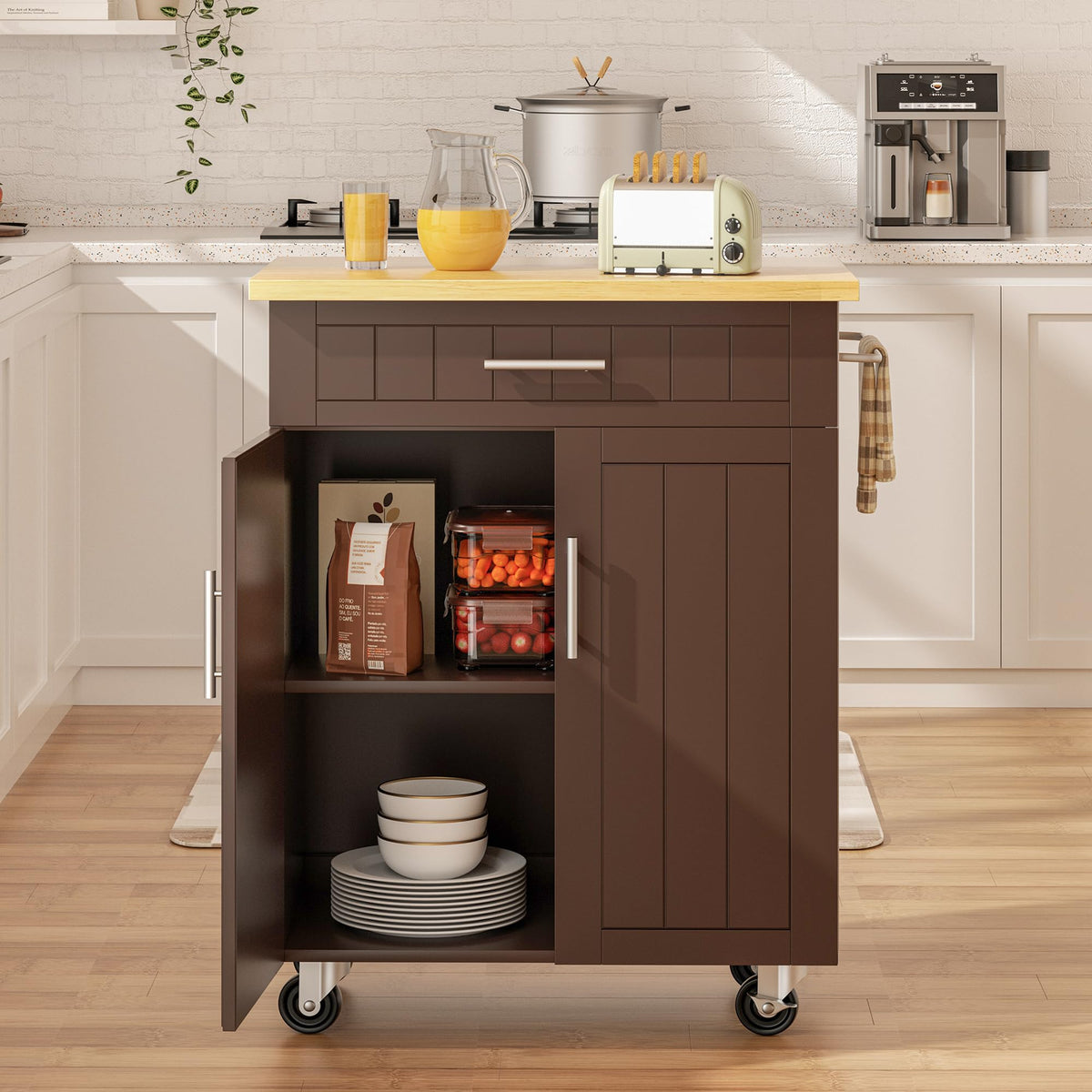 SUNLEI Kitchen Island Cart on Wheels with Storage Cabinet & Drawer, 26" Width Rolling Kitchen Table, Cart Handle for Towel Rack or Free Mobility, Kitchen Cart, Dining Room(Black)