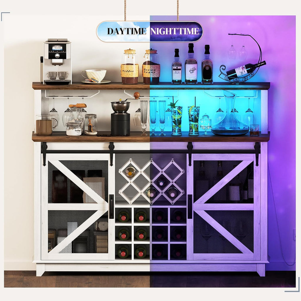 HOMCOM Farmhouse Coffee Bar Cabinet LED Lights 55" Distressed White