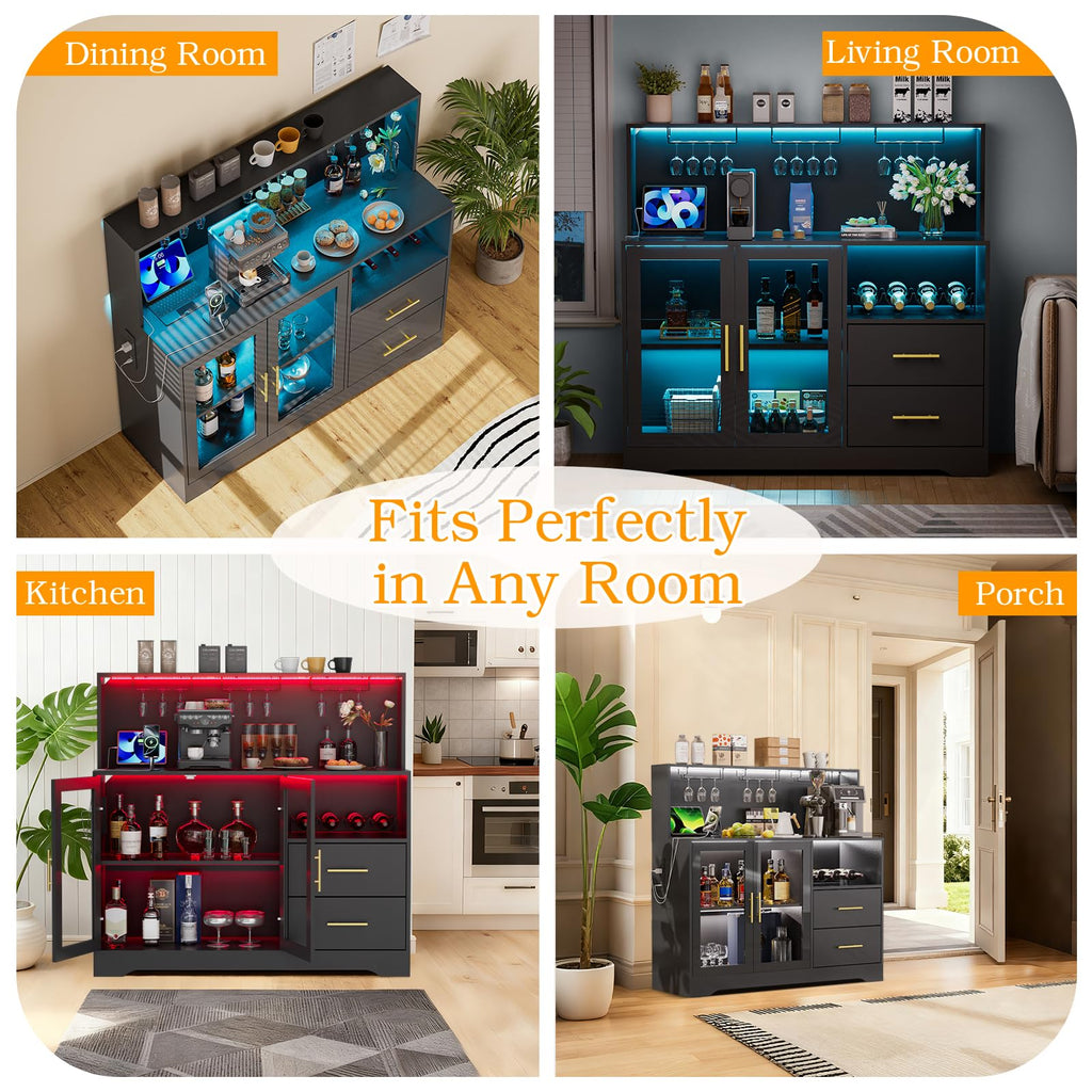 Home Bar Cabinet with Adjustable RGB LED Light, Wine & Coffee Storage with Rack & Drawers, Charging Station, Modern Liquor Cabinet for Living & Dining Room, All-in-One Wine Bar Cabinet (Rustic)