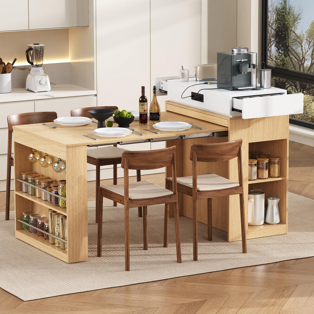 Extendable Dining Table with Folding Tabletop & Power Outlet, Modern Kitchen Island Sideboard with Wheels, Hidden Drawers & USB Charging, Sturdy Buffet Table for Small Spaces (Black)