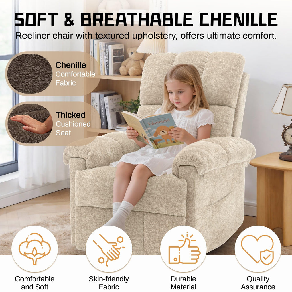 Korser Recliner Chair, Living Room Recliner Chairs for Adults, Small Recliners for Small Spaces, Upholstered Manual Recliner with Side Pockets, Comfy Nursery Chair for Living Room, Chenille, Beige