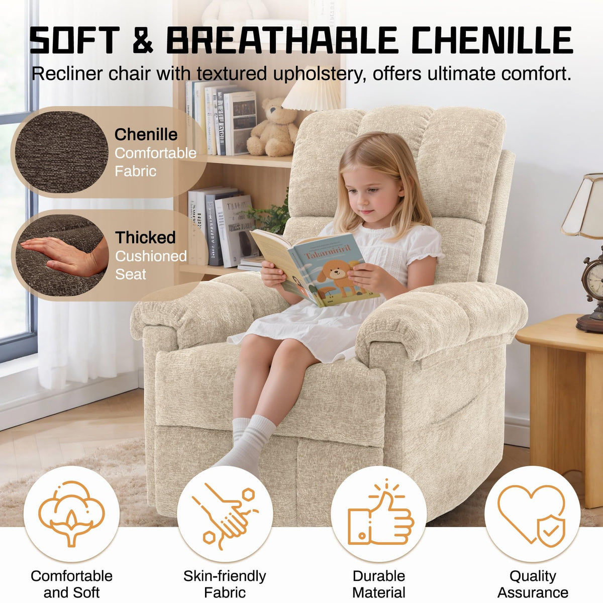 Korser Recliner Chair, Living Room Recliner Chairs for Adults, Small Recliners for Small Spaces, Upholstered Manual Recliner with Side Pockets, Comfy Nursery Chair for Living Room, Chenille, Beige