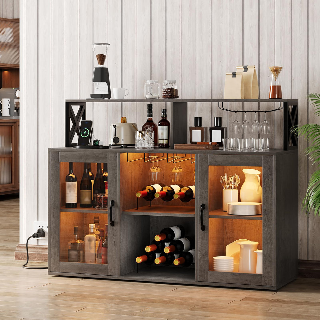 Garvee Wine Cabinet with LED Light, Bar Cabinet with Wine Rack, Glass Holder, and Power Outlets, for Living Room Dining Room, Black