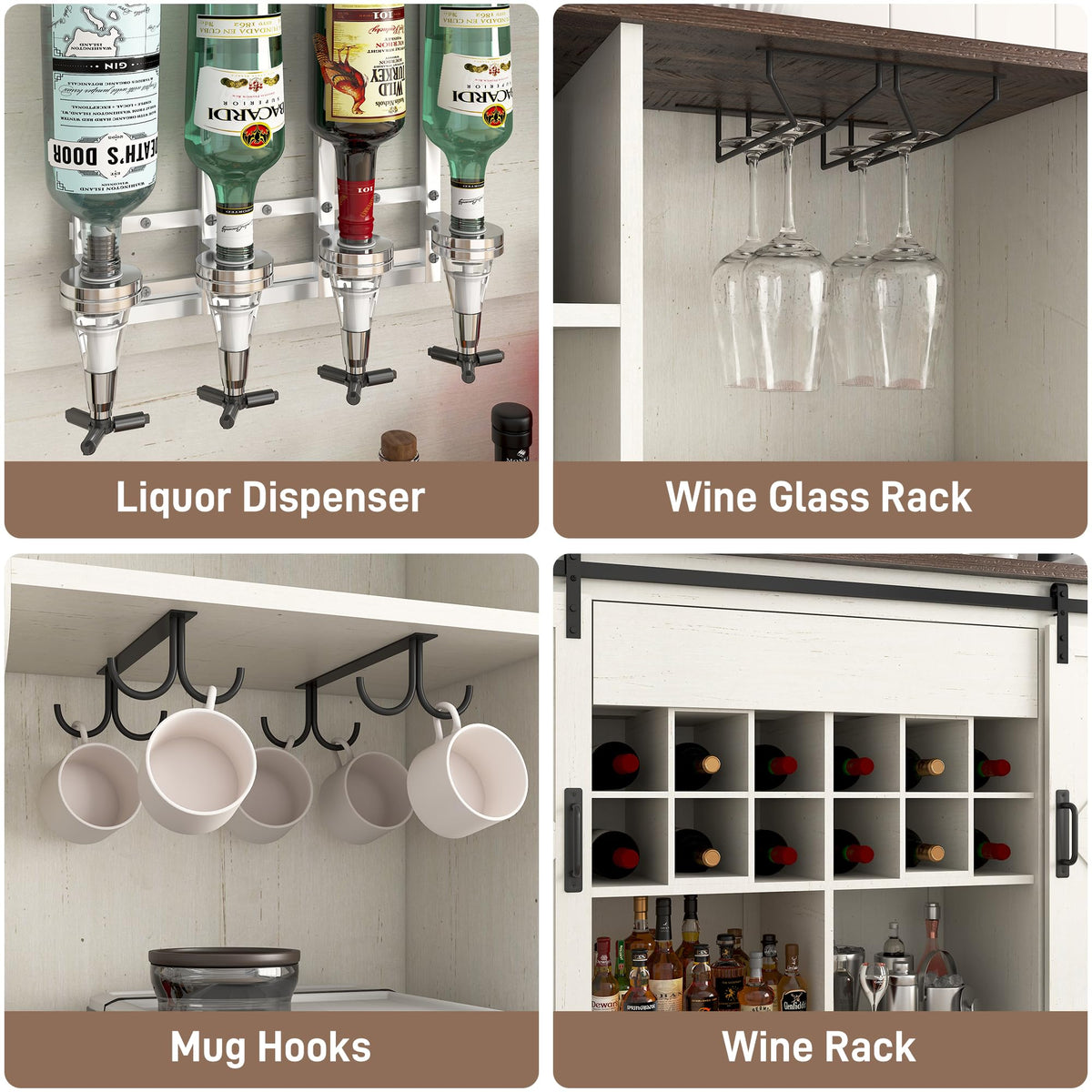 Farmhouse Coffee Bar Cabinet with LED Light, Charging Station, Brown