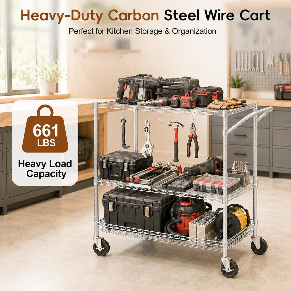 3-Tier Kitchen Storage Cart with Wheels, Rolling Utility Cart