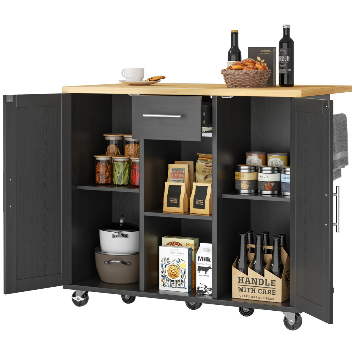 JY QAQA 42" Rolling Kitchen Island Cart with Storage, Drop Leaf Countertop, Drawers & Towel Rack, Mobile Kitchen Table on Wheels for Kitchen Dining Room, White
