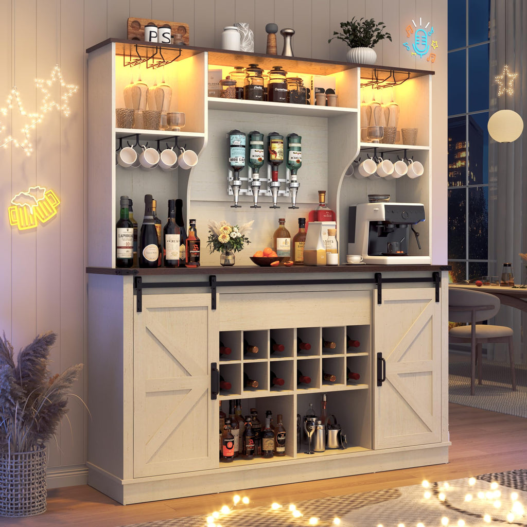 Farmhouse Coffee Bar Cabinet with LED Light, Charging Station, Brown
