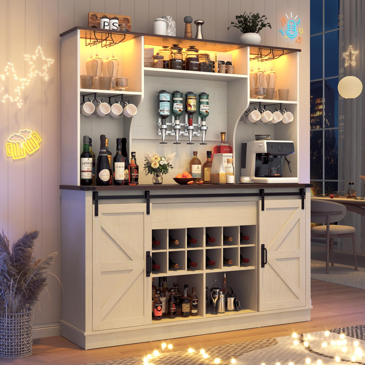 Farmhouse Coffee Bar Cabinet with LED Light, Charging Station, Brown