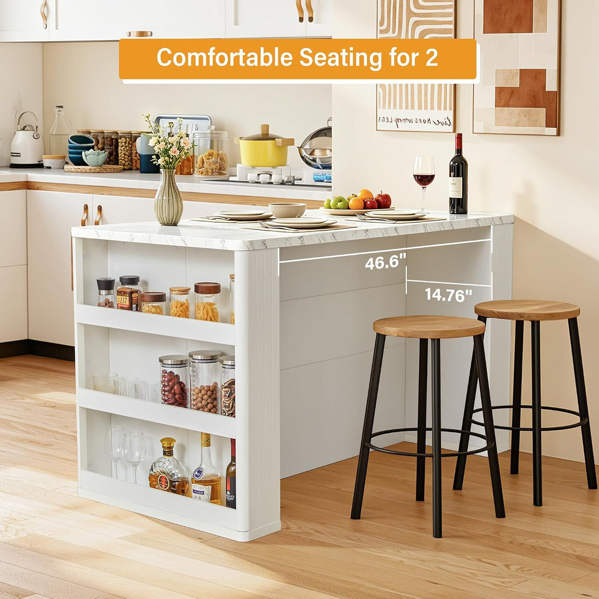 59" Kitchen Island with Storage & Seating for 2, Modern Stationary Kitchen Island with Faux Marble Top, 2 Drawers, Open Shelves & 5 Hooks, Counter Height Prep Table for Dining & Kitchen (White)