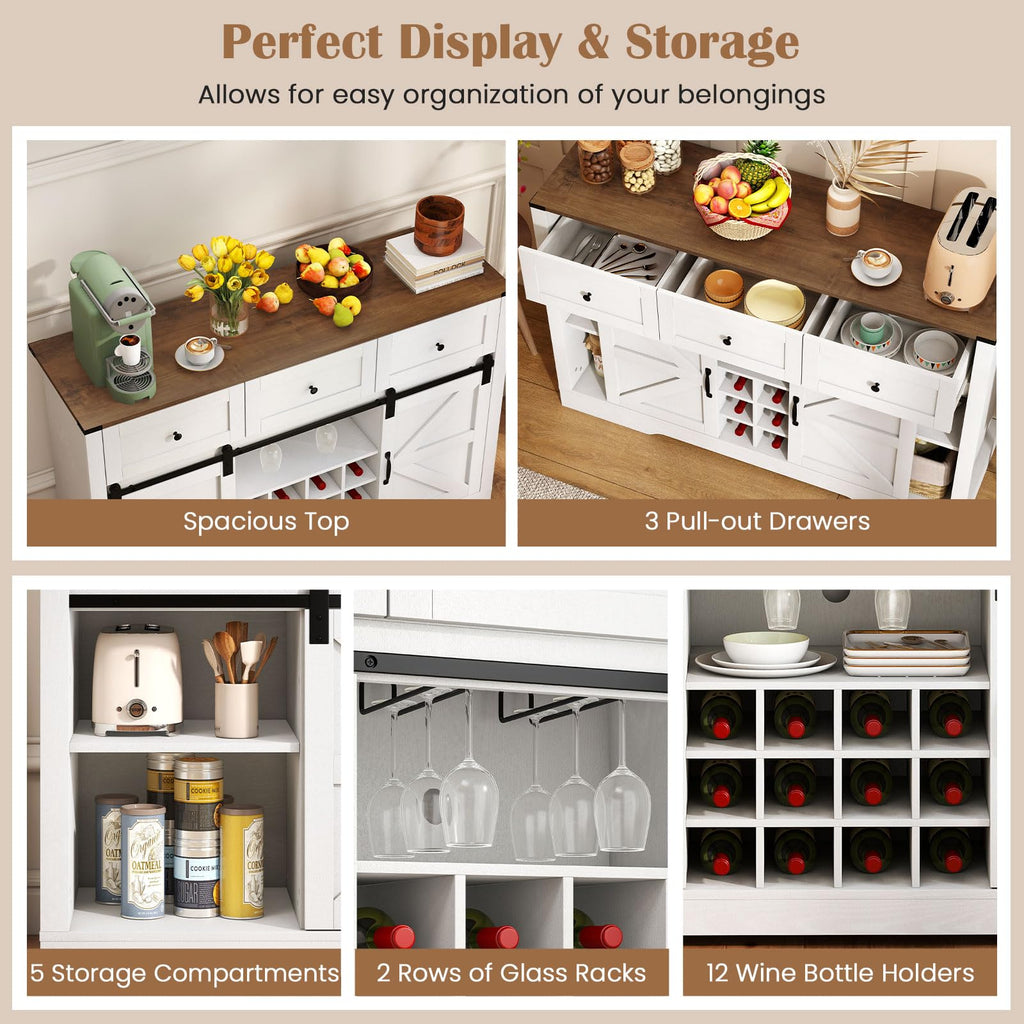GIANTEX Wine Bar Cabinet with LED Lights, 52" Buffet Sideboard w/Sliding Barn Door, 3 Drawer, Adjustable Shelf, 12 Bottle Wine Rack & Glass Holder, Farmhouse Coffee Station for Living Room