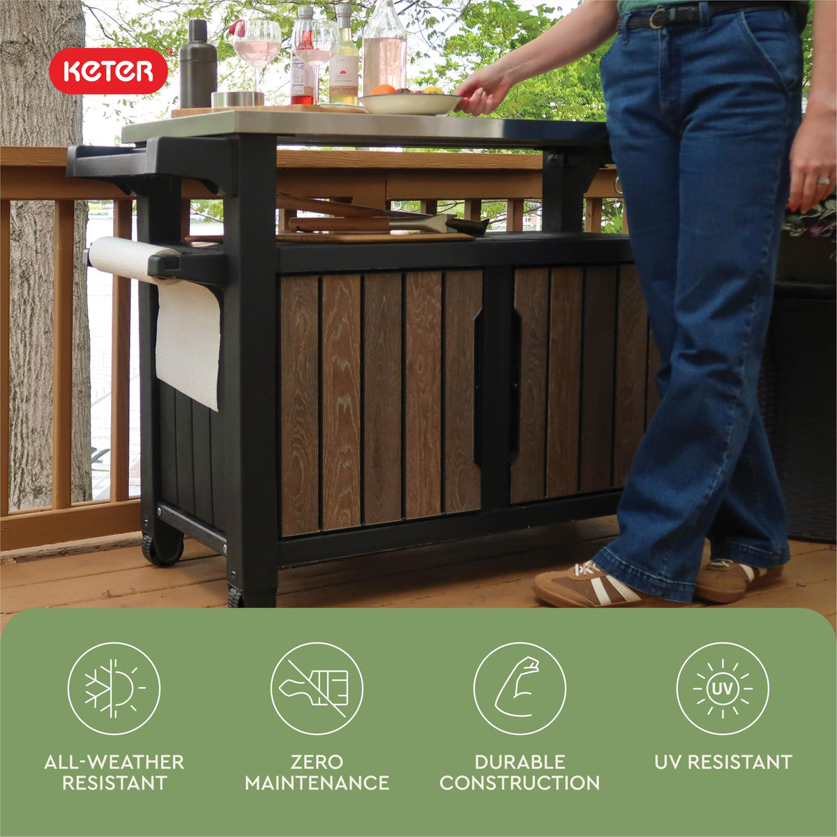 Keter Unity XL Portable Outdoor Table with Stainless Steel Top for Kitchen Prep and Outdoor Storage Cabinet for Grilling Accessories, Dark Grey