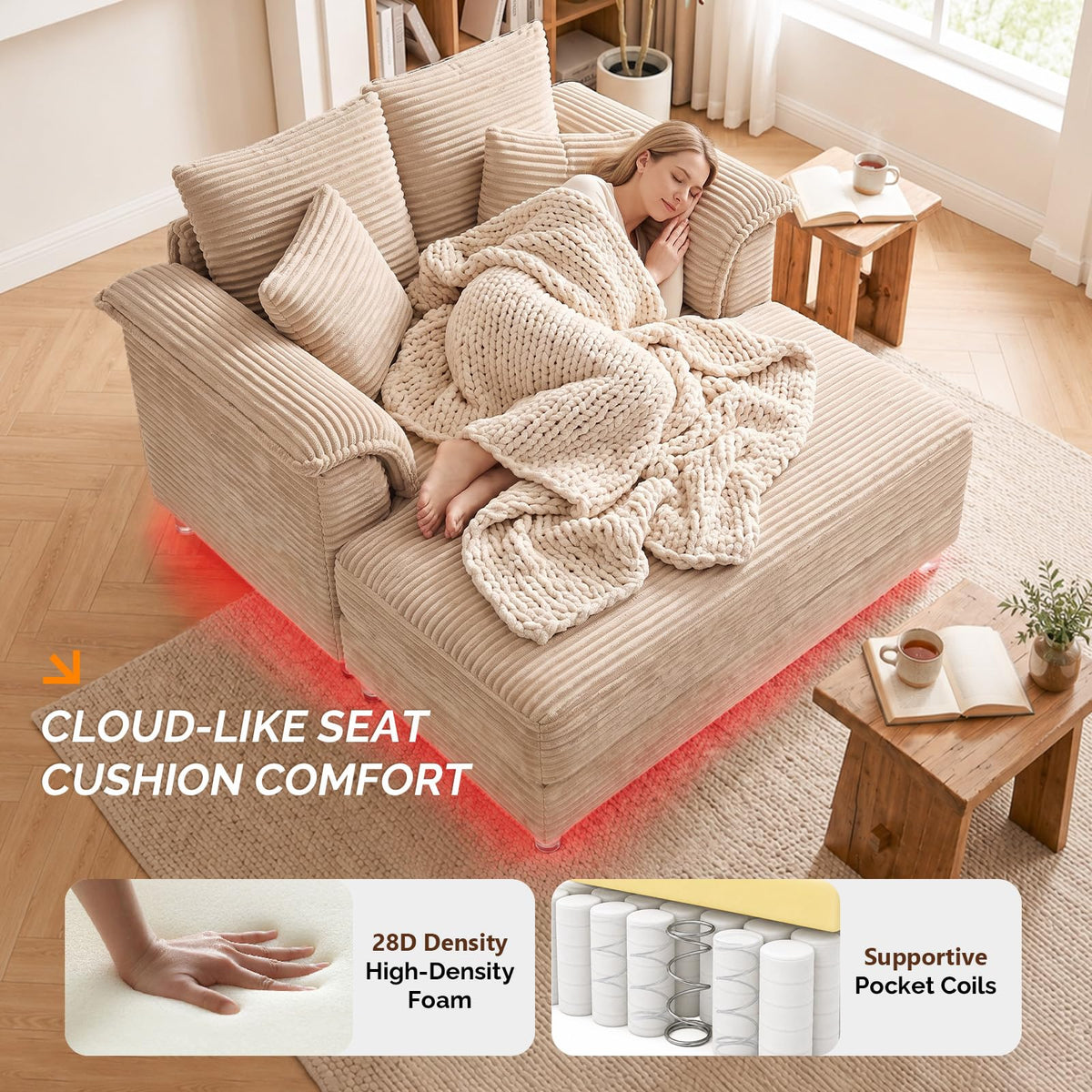 VINGLI 56" Wide Oversized Chaise Lounge Chair with Plush Padded Armrests