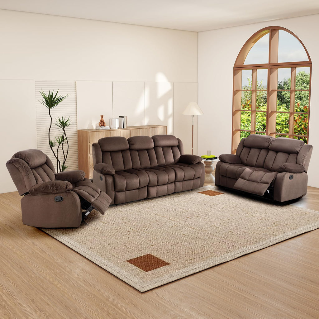 INZOY Manual Recliner Chair with Padded Armrest, Wall-Hugger Single Sofa Recliners with Overstuffed Back, Classical Fabric Reclining Chairs for Living Room Theater Seating, Brown