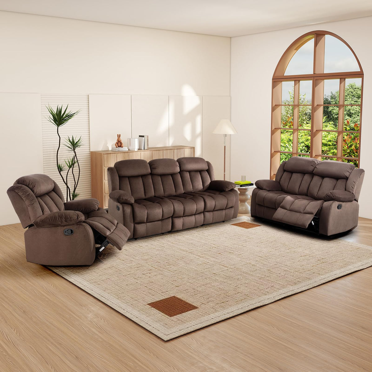 INZOY Manual Recliner Chair with Padded Armrest, Wall-Hugger Single Sofa Recliners with Overstuffed Back, Classical Fabric Reclining Chairs for Living Room Theater Seating, Brown