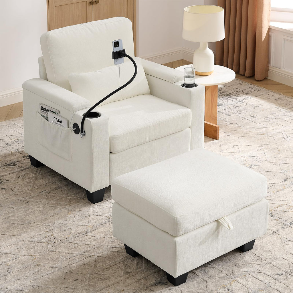 Oversized Chaise Lounge Chair Indoor, Single Convertible Recliner Reading Arm Sofa Chair W/Adjustable Backrest & Charging Port Couch Bed for Living Room, Home Theater & Bedroom, Brown