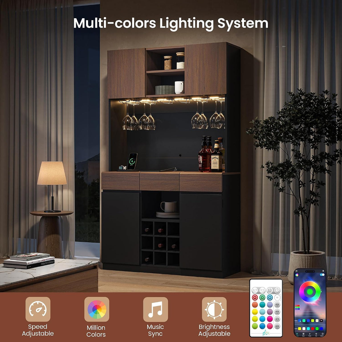 ModernMate 71" Wine Bar Cabinet with LED Lights, Modern Kitchen Pantry Hutch Cabinet with Storage, Black Home Coffee Bar with 3 Drawers, Wine Rack, Glass Holders for Dining Room, Kitchen