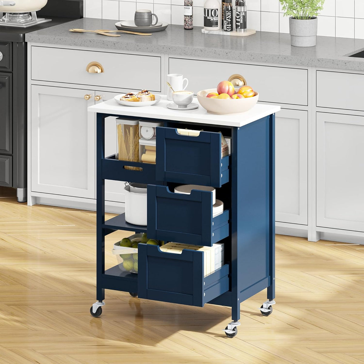YITAHOME Small Solid Wood Top Kitchen Island Cart on Wheels with Storage