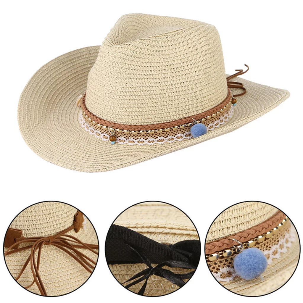 Cowboy Straw Packable Trilby Big Sun Brim Style Floppy Western Hat Women Beige
