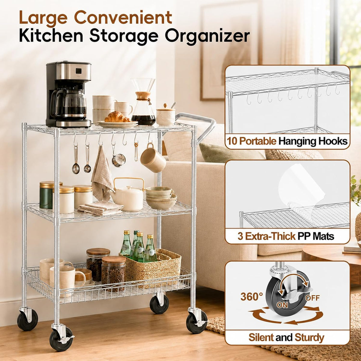 3-Tier Kitchen Storage Cart with Wheels, Rolling Utility Cart
