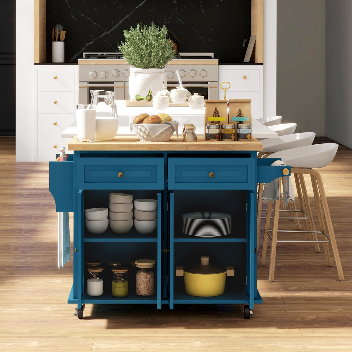 HOMCOM Kitchen Island Cart on Wheels with Solid Wood Top, 44" Cream White