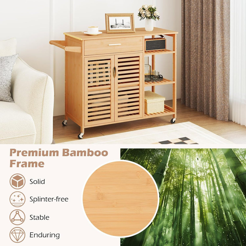 Moccha Rolling Kitchen Island Cart - Bamboo Kitchen Carts on Wheels with storage Cabinet, Large Drawer, 3-tier Open Shelf, Towel Rack, Sideboard, Mobile Kitchen Table for Dining Room Living Room Bar