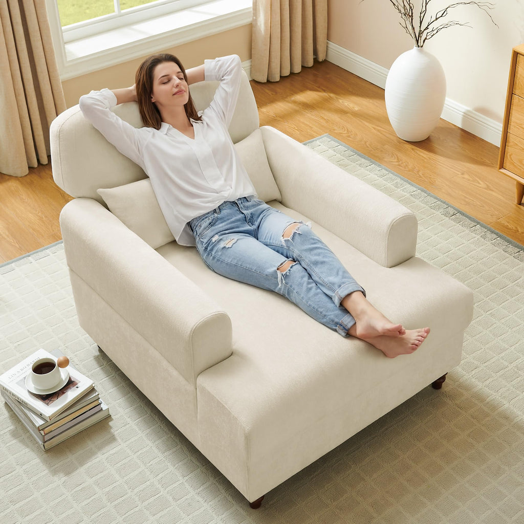 Oversized Chaise Lounge Chair with Adjustable Backrest, Polyester White