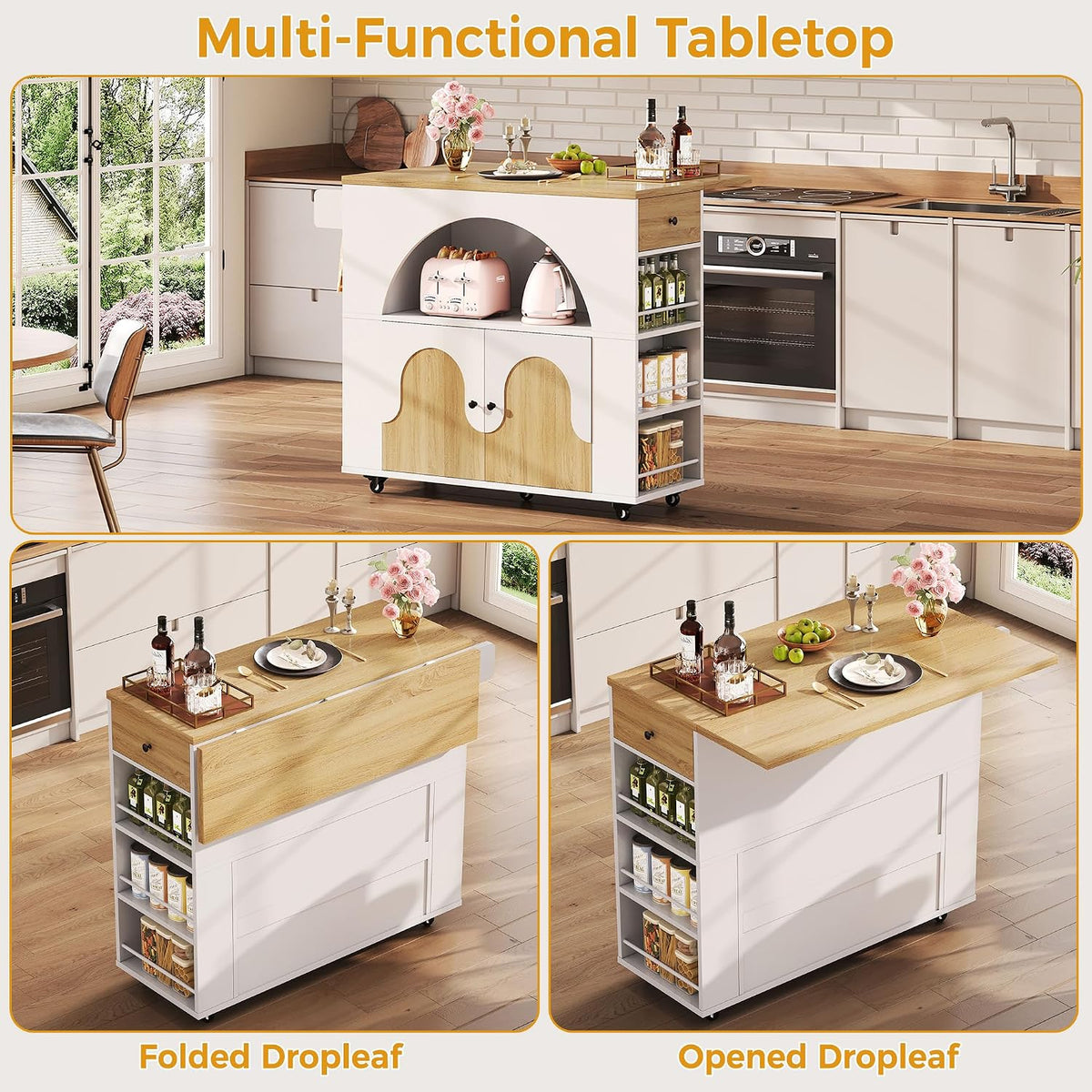 IRONCK 41.3" Kitchen Island with Drop Leaf &Open Shelf, White & Natural