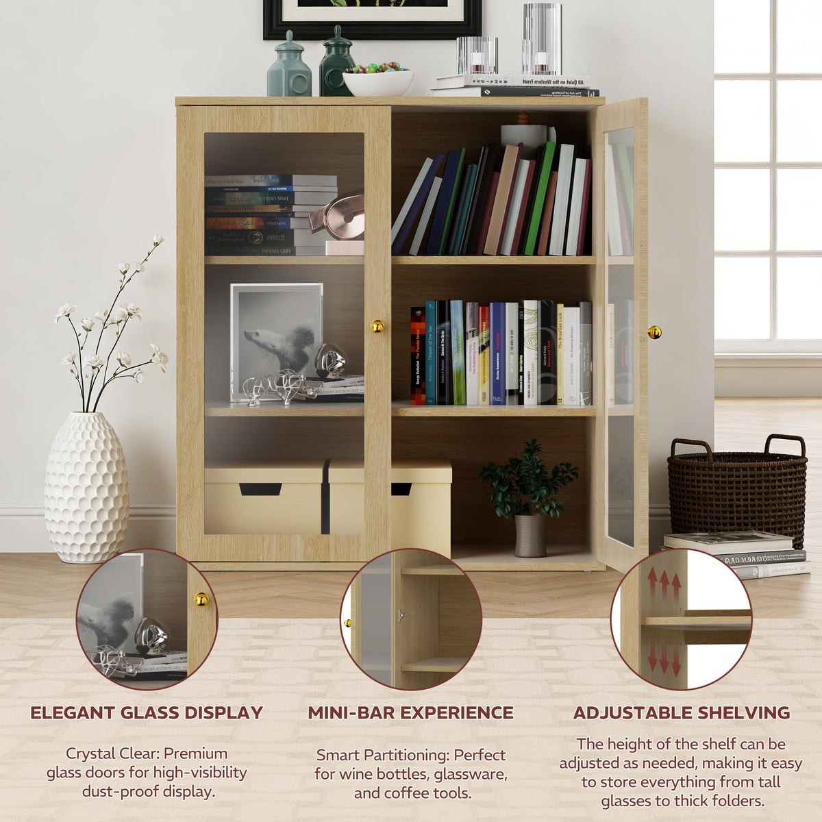 Liquor Cabinet with Wine Rack & Stemmed Holder & Drawer, Walnut