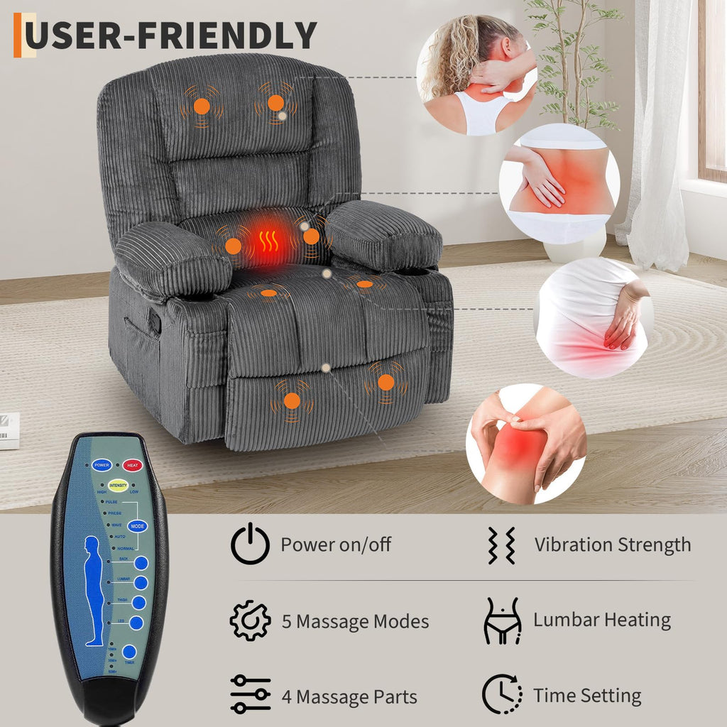 Garvee Oversized Recliner Chair,Extra Wide 360Â° Swivel Rocker Massage Heat