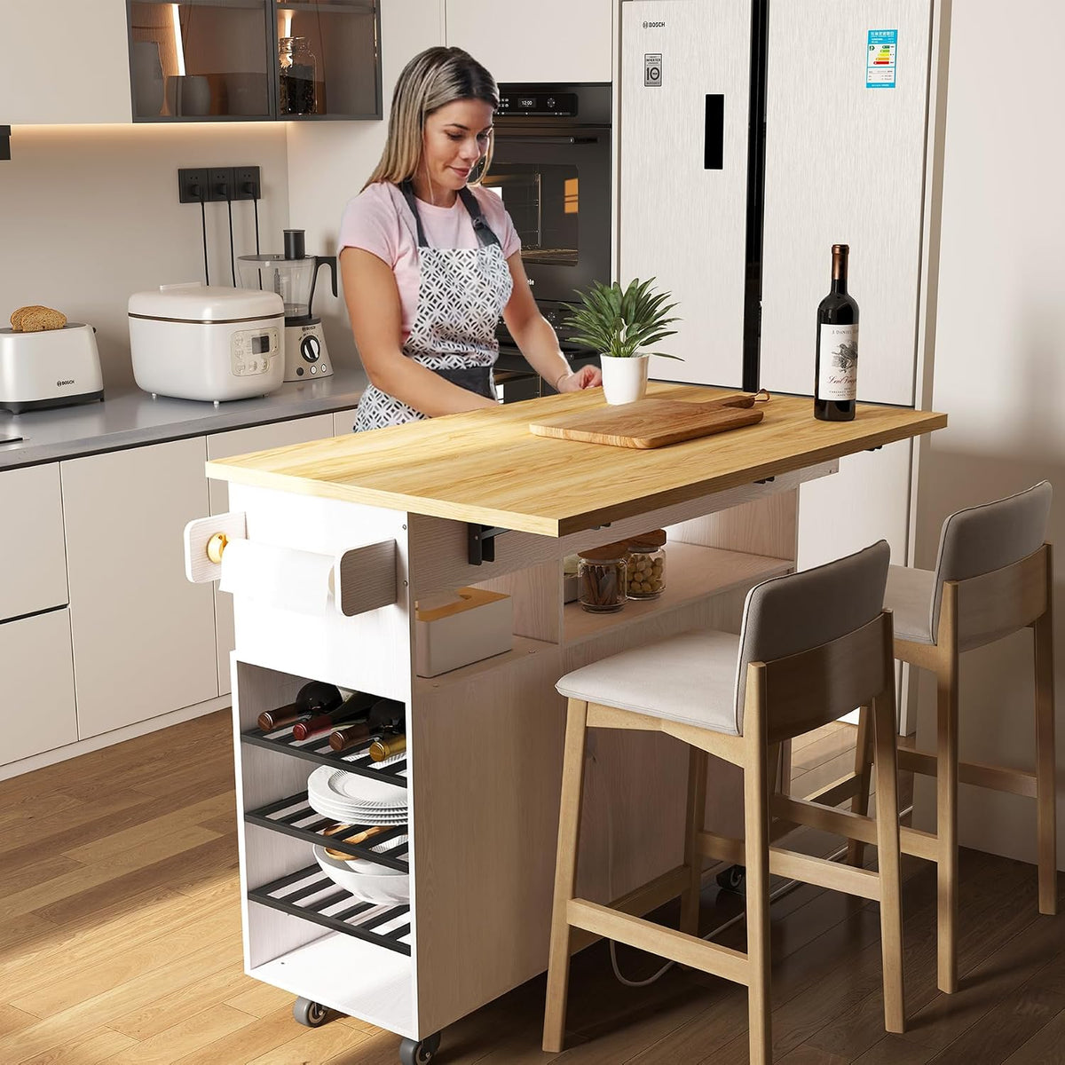 ASTRONAPE Rolling Kitchen Island Cart with Storage, Mobile Kitchen Island with Power Outlet, Large Wood Top, Drawers & Cabinets for Dining Room (White, Model 1)