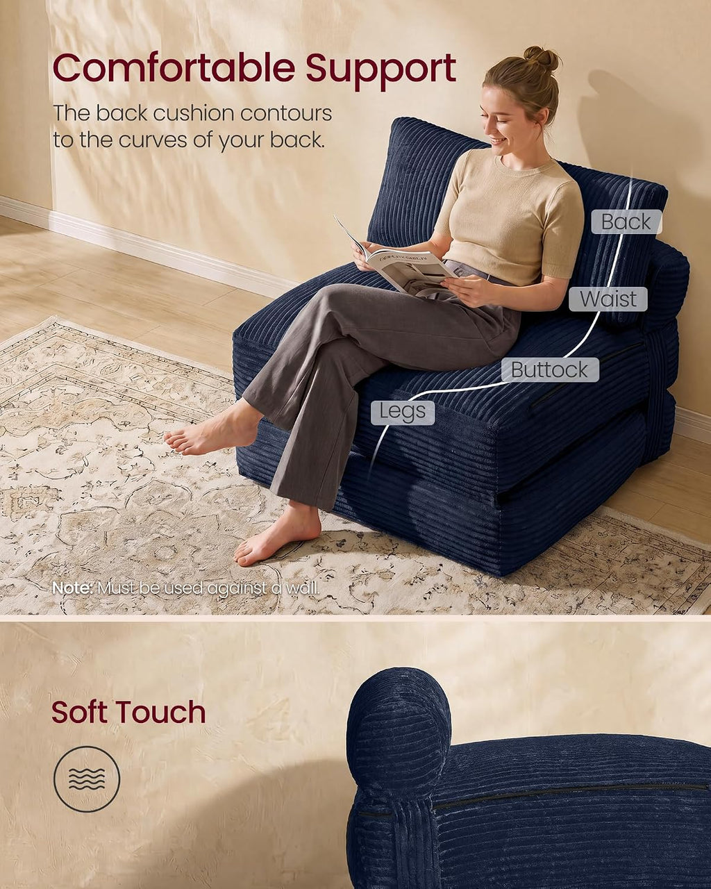 VASAGLE Folding Sofa Bed, Convertible Chair Bed with Pillow, Sleeper Chair