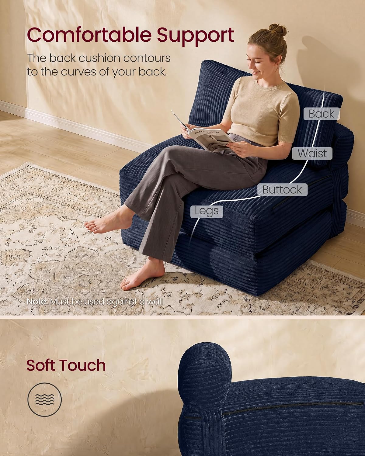 VASAGLE Folding Sofa Bed, Convertible Chair Bed with Pillow, Sleeper Chair