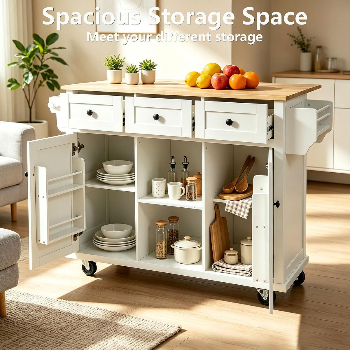 Rolling Kitchen Island with Rubber Wood Drop Leaf Countertop, Kitchen Cart on 5 Wheels with Storage Cabinet, 3 Drawers, Towel & Spice Rack, Mobile Kitchen Table for Dining Room Apartment, White