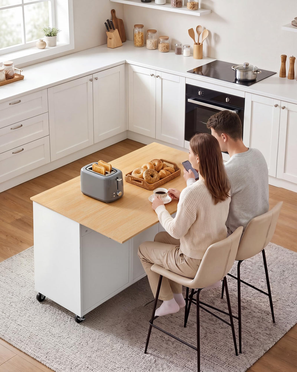 VEVOR Kitchen Island Cart with Storage, 42.28 in Wide Mobile Rolling Storage Island on Swivel Wheels, with Drawer, Storage Cabinet, Drop Leaf, Spice Rack, Table for Home Dining Room, White