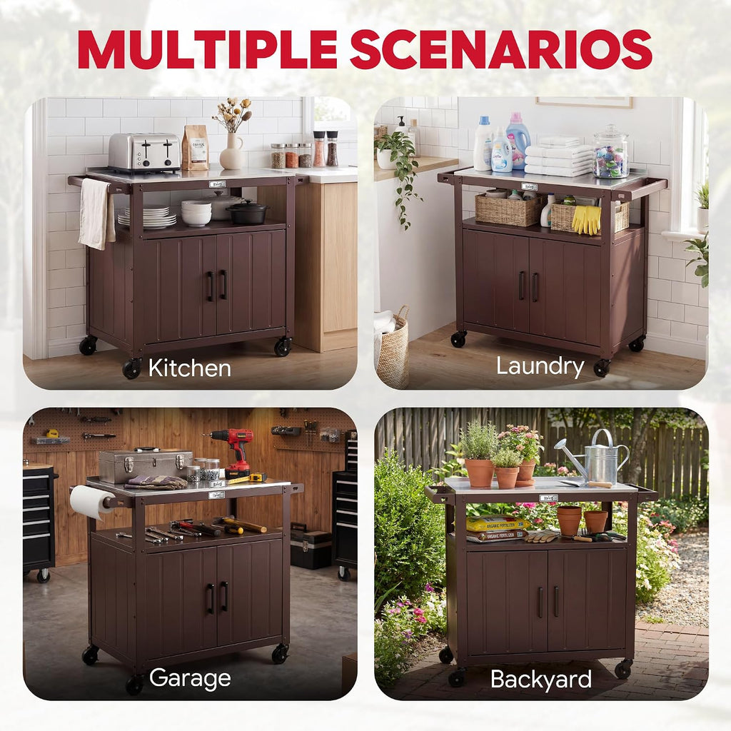 Feasto Outdoor Grill Cart w/Storage Cabinet, Stainless Steel Top, Brown