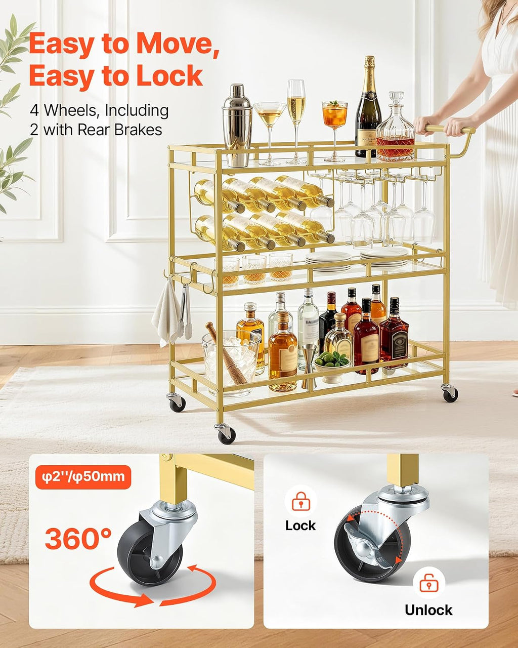VEVOR Bar Cart, 3 Tiers Home Kitchen Serving Carts, Modern Rolling Utility Station on Wheels, Drink Beverage Trolley with Tempered Glass Shelves, Wine Rack, Glass Holder, for Living Dining Room, Gold