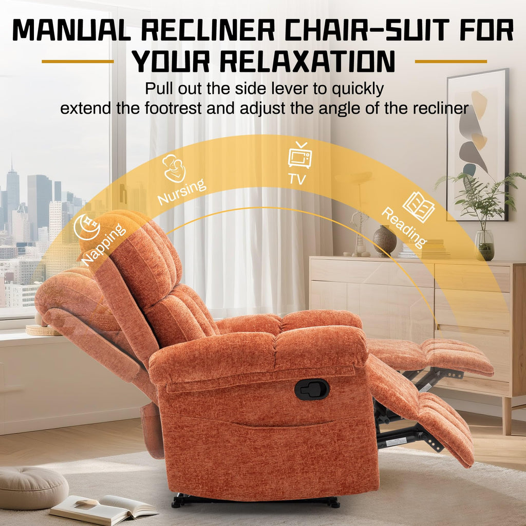 Korser Recliner Chair, Living Room Recliner Chairs for Adults, Small Recliners for Small Spaces, Upholstered Manual Recliner with Side Pockets, Comfy Nursery Chair for Living Room, Chenille, Beige
