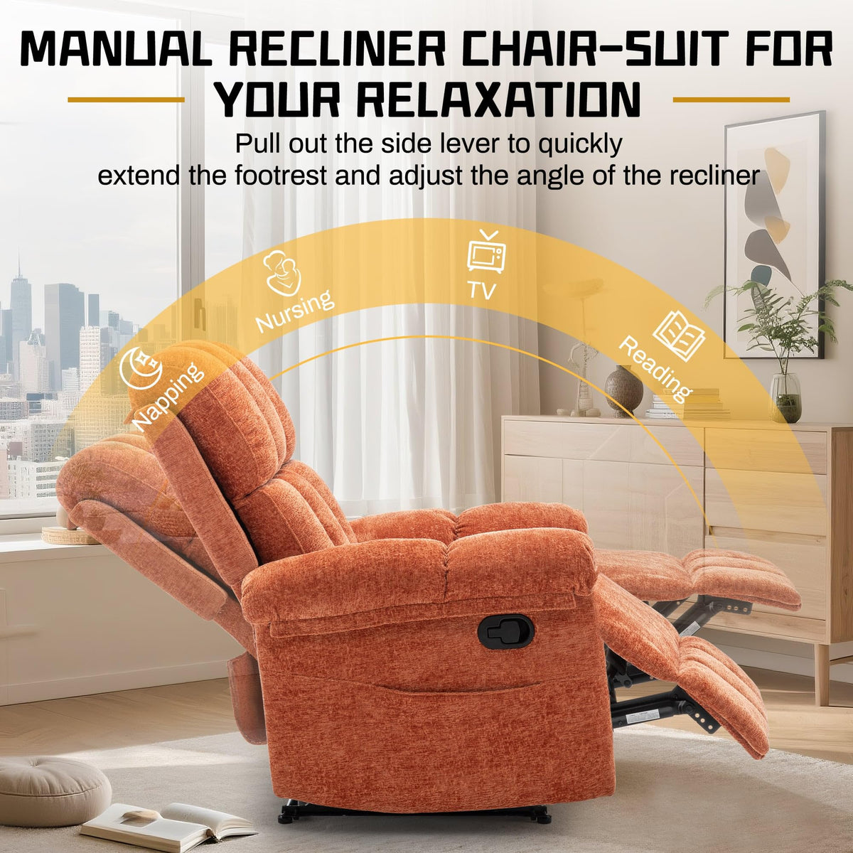 Korser Recliner Chair, Living Room Recliner Chairs for Adults, Small Recliners for Small Spaces, Upholstered Manual Recliner with Side Pockets, Comfy Nursery Chair for Living Room, Chenille, Beige