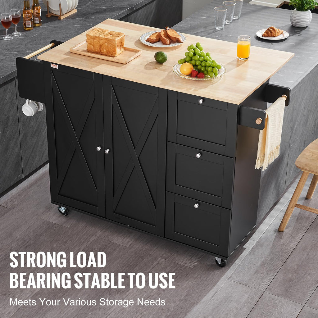 VEVOR Kitchen Island Cart with Storage, 47.64 in Wide Mobile Rolling Storage Island on Swivel Wheels, with 2 Drawers, Storage Cabinet, Drop Leaf, Towel Rack, Table for Home Dining Room, White