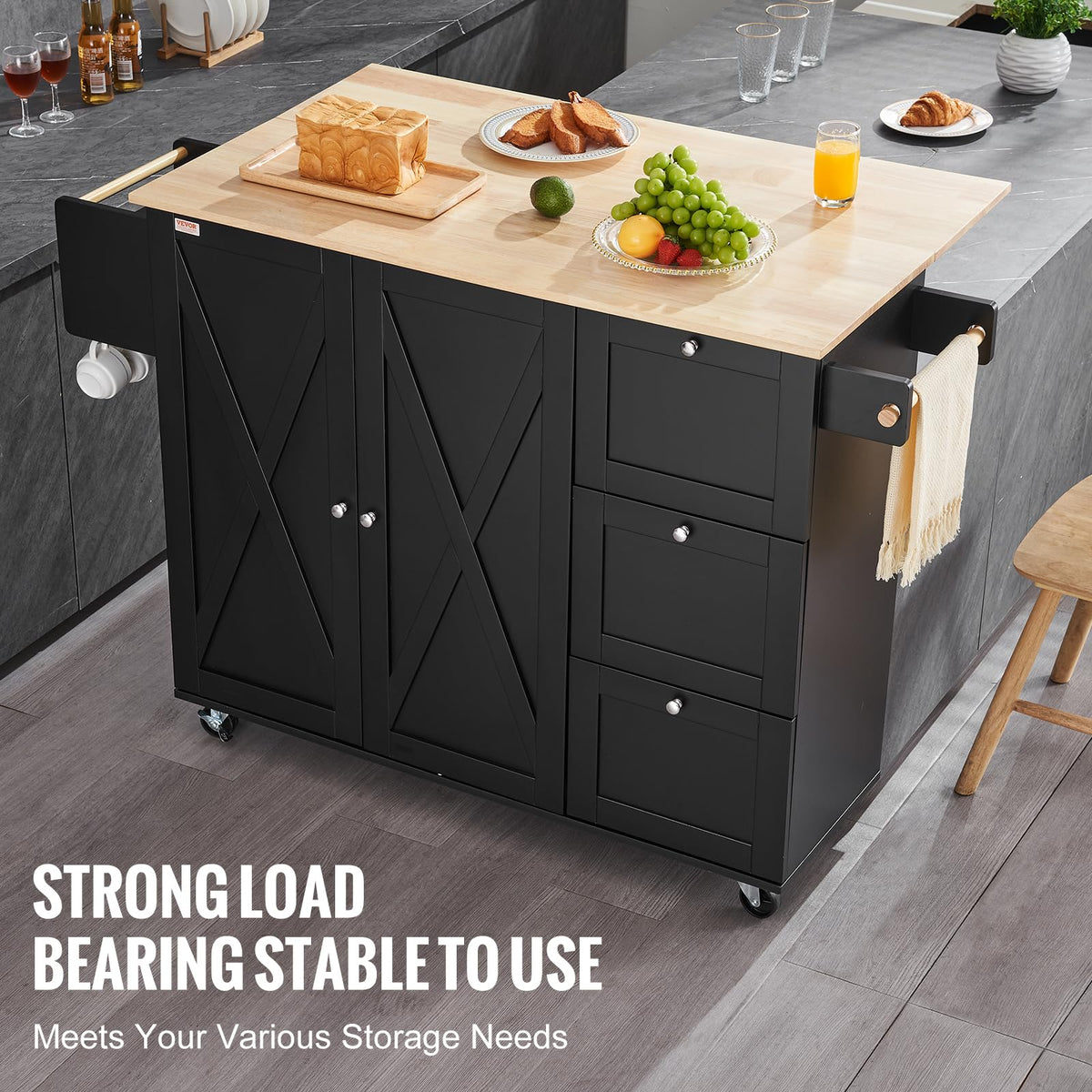 VEVOR Kitchen Island Cart with Storage, 47.64 in Wide Mobile Rolling Storage Island on Swivel Wheels, with 2 Drawers, Storage Cabinet, Drop Leaf, Towel Rack, Table for Home Dining Room, White