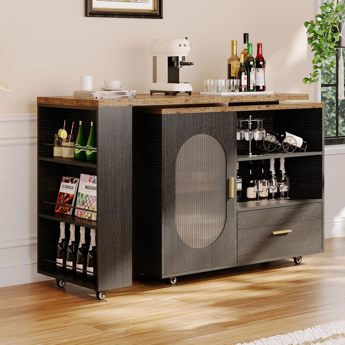 HSH 72â Rolling Kitchen Island with Seating & Storage on Wheels, White Oak