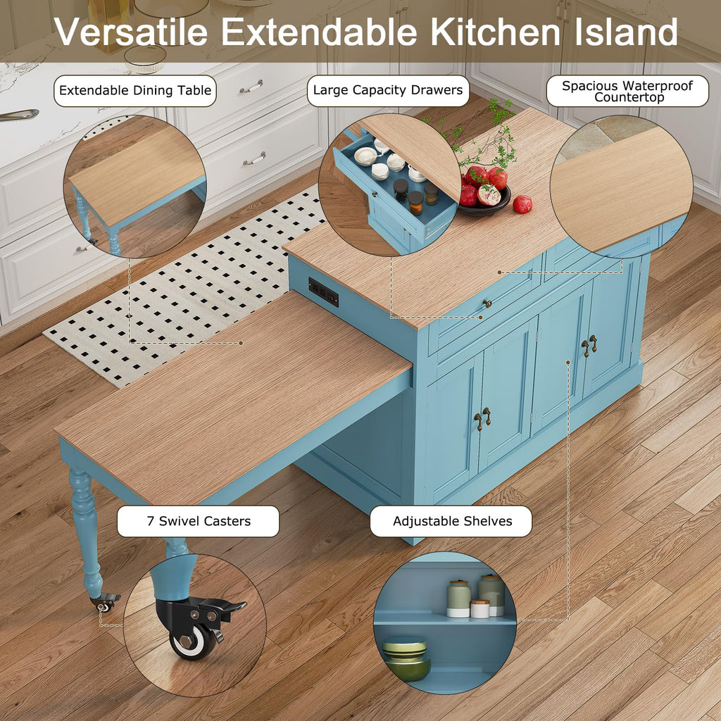 HLR 94.8" Kitchen Island with Extendable Table & Power Outlet, White