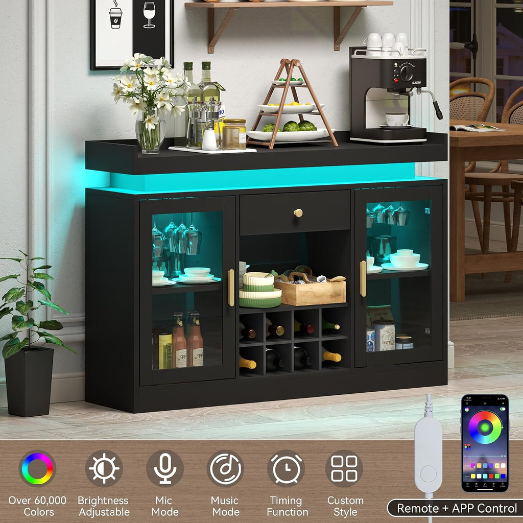 Wine Bar Cabinet with LED Light, Home Coffee Bar Cabinet w/ Wine&Glass Rack