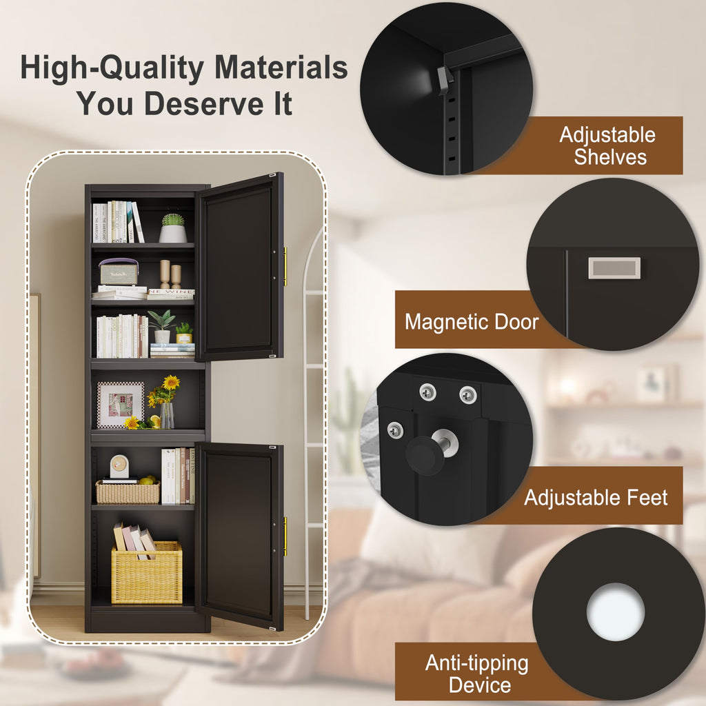 67" Tall Metal Pantry Cabinet, Narrow Freestanding Storage Cabinet, Black