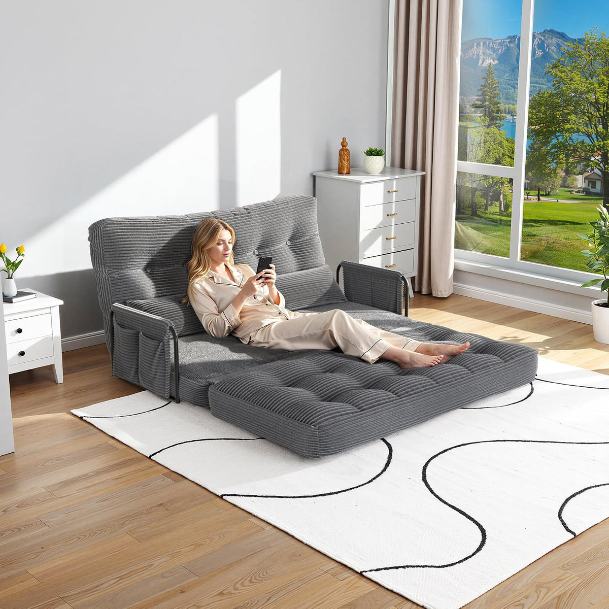 3-in-1 Folding Sofa Bed,Convertible Sleeper Chair with Armrests & Adjustable Backrest,Corduroy Futon Couch Floor Sofa Lounge with Pillow for Living Room Bedroom,Double,Dark Gray