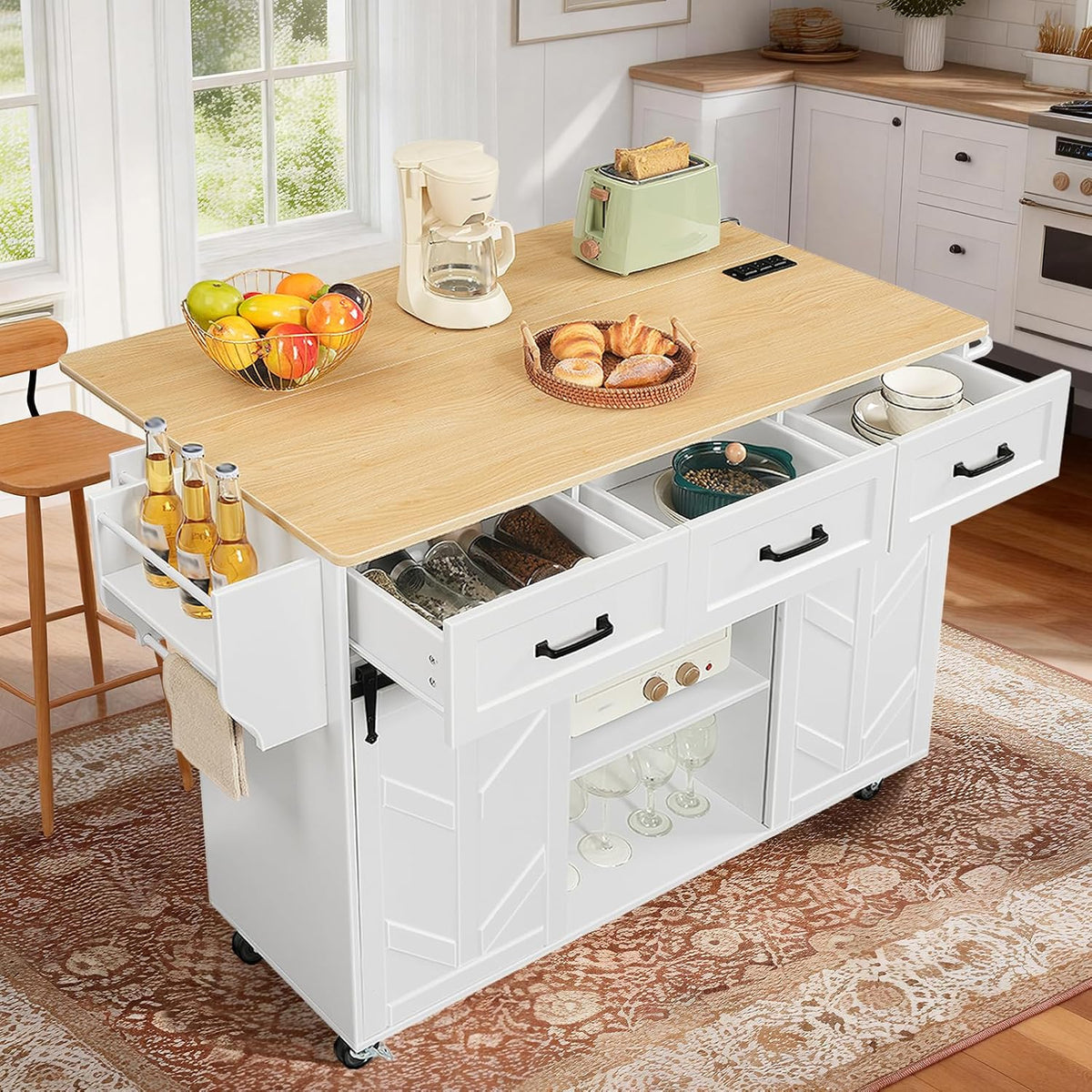 HOOBRO Kitchen Island with Drop Leaf, Rolling Kitchen Cart on Wheels with Power Outlet, Sliding Barn Door Storage Cabinet, 3 Drawers & Spice Rack for Dining Room, White and Natural WN70UZD01