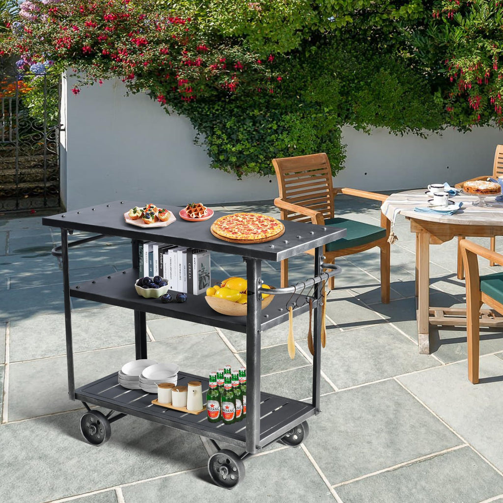 Industrial 3 Tier Rolling Utility Storage Cart Wine Beverage, Metal Wine Rack with Wheels Kitchen Bar Dining Room Tea Wine, Storage Cart with Wood