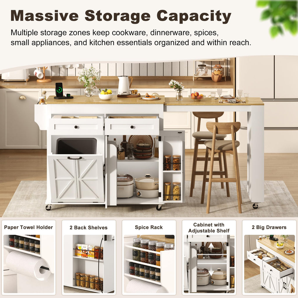 81.6"-51" Extendable Rolling Kitchen Island with Extended Dining Table & Power Outlet, Mobile Kitchen Storage Islands with Trash Cabinet, Large Islands Cart with Storage and 2 Seatings, Black